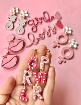 GRL PWR Earrings, Girl Power Earrings, Feminism Earrings, Feminist jewelry, Pink hollywood lights letter earrings, girly earrings - image6